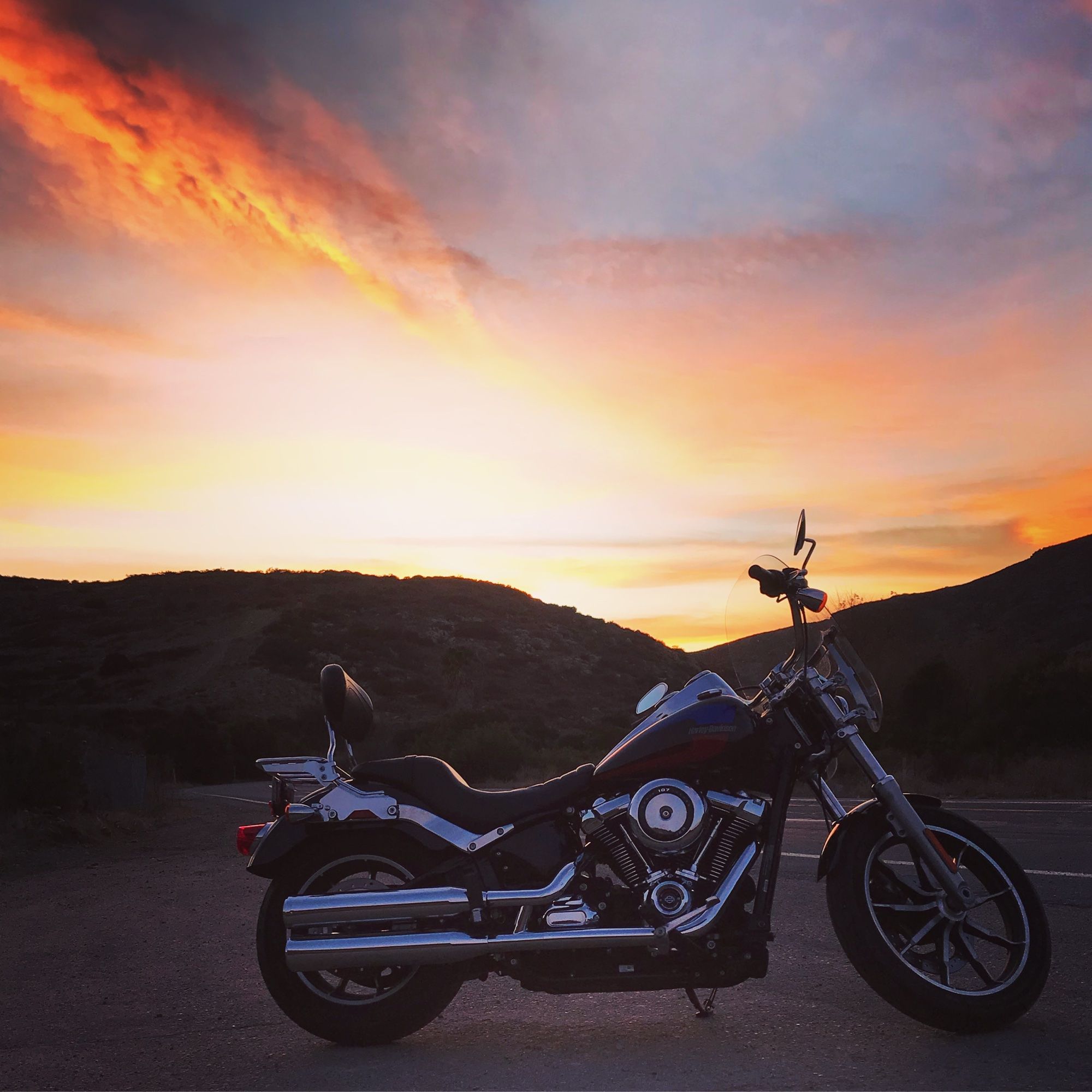 Mike’s Harley-Davidson in the hills at sunset