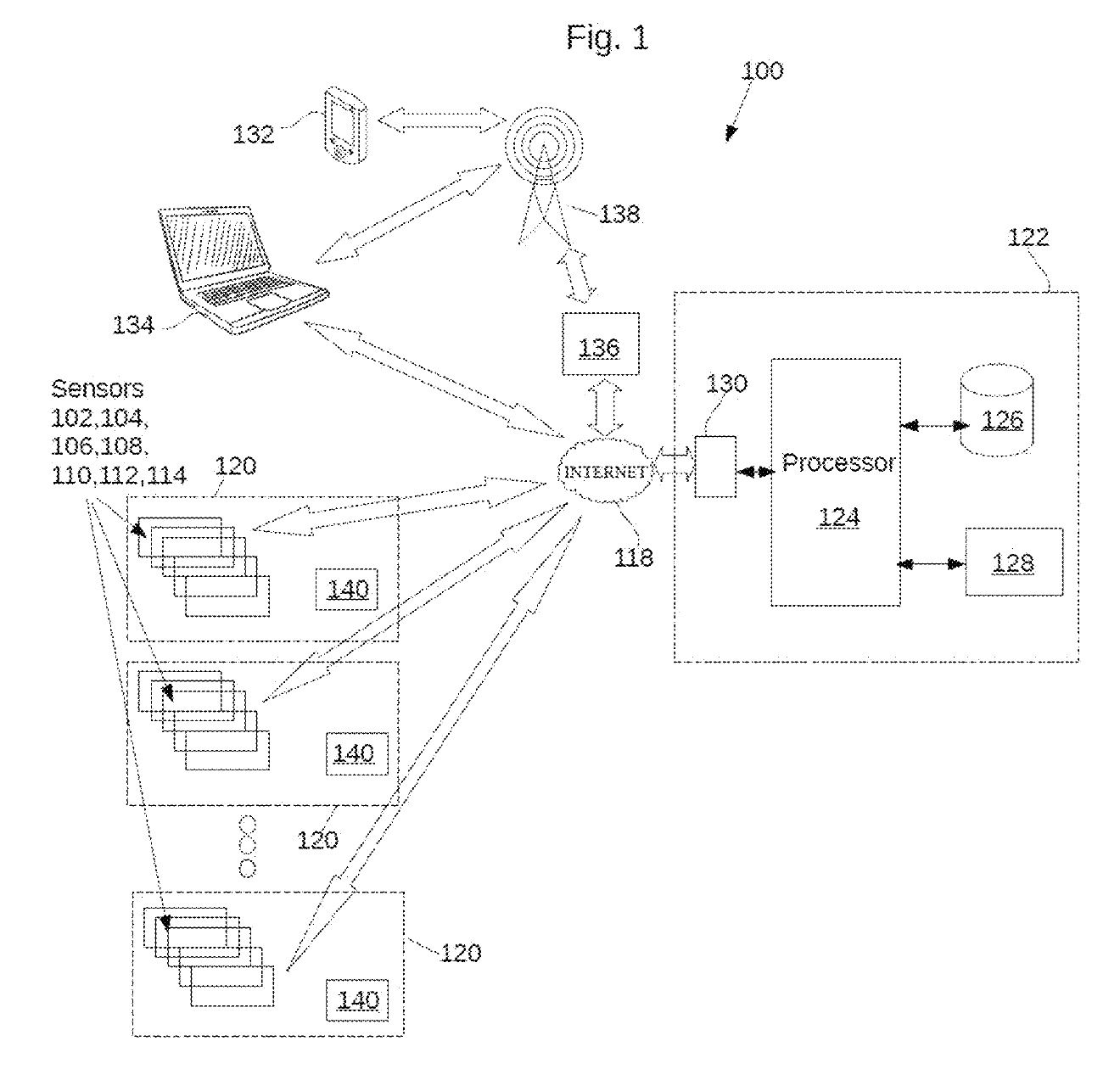 Figure 1 from U.S. Patent 11,378,299: air quality sensors networked to a central processor